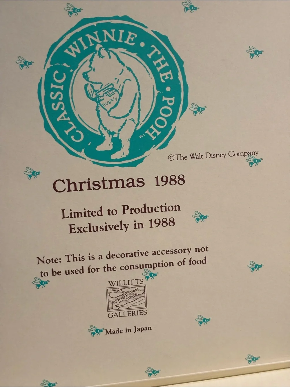 Vintage Christmas 1988 Classic Winnie The Pooh Disney Collectors Plate Willittis